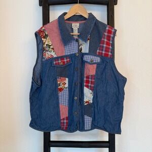 Vintage Patchwork Denim Vest Koret City Blues Womens 22W Plaid Floral Blue
